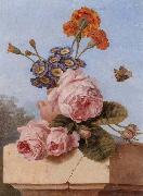 unknow artist Still life of roses,carnations and polyanthers in a terracotta urn,upon a stone ledge,together with a tortoiseshell butterfly oil painting reproduction